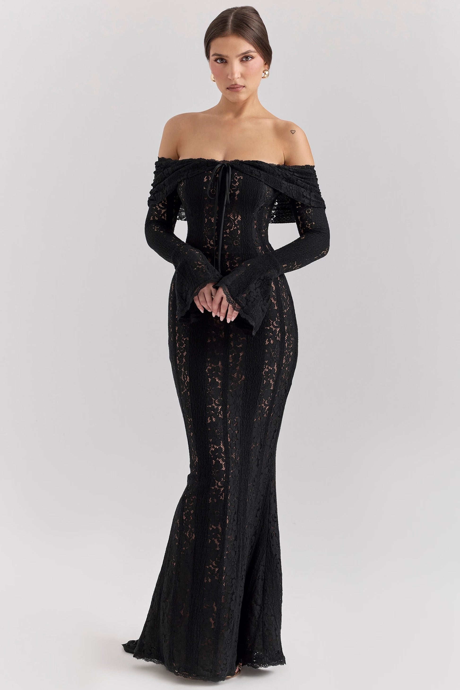 Vestido Maxi Off Shoulder Renda Floral Belle