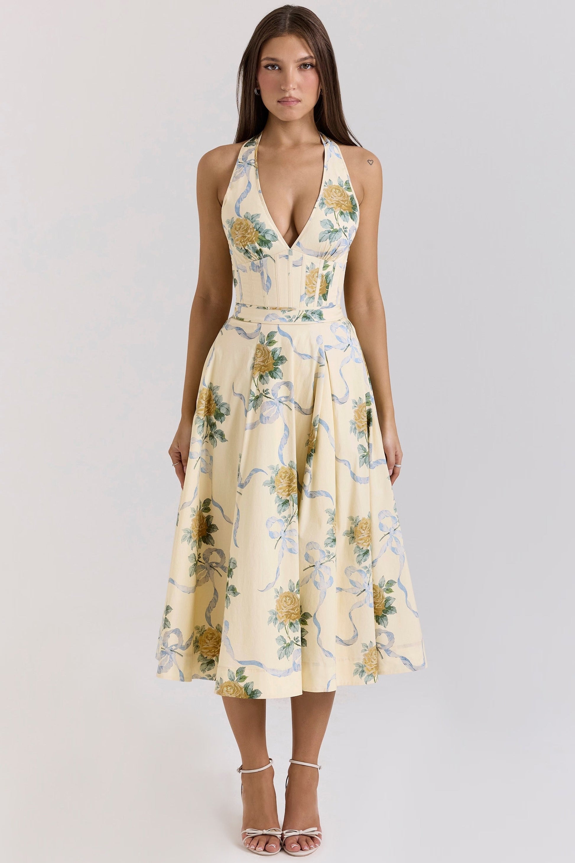 Vestido Midi Halter Sundress de Algodão Stretch Allena