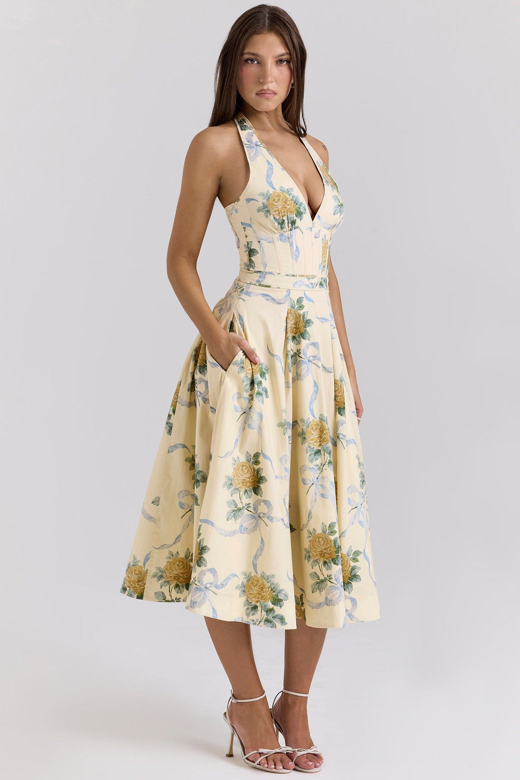 Vestido Midi Halter Sundress de Algodão Stretch Allena