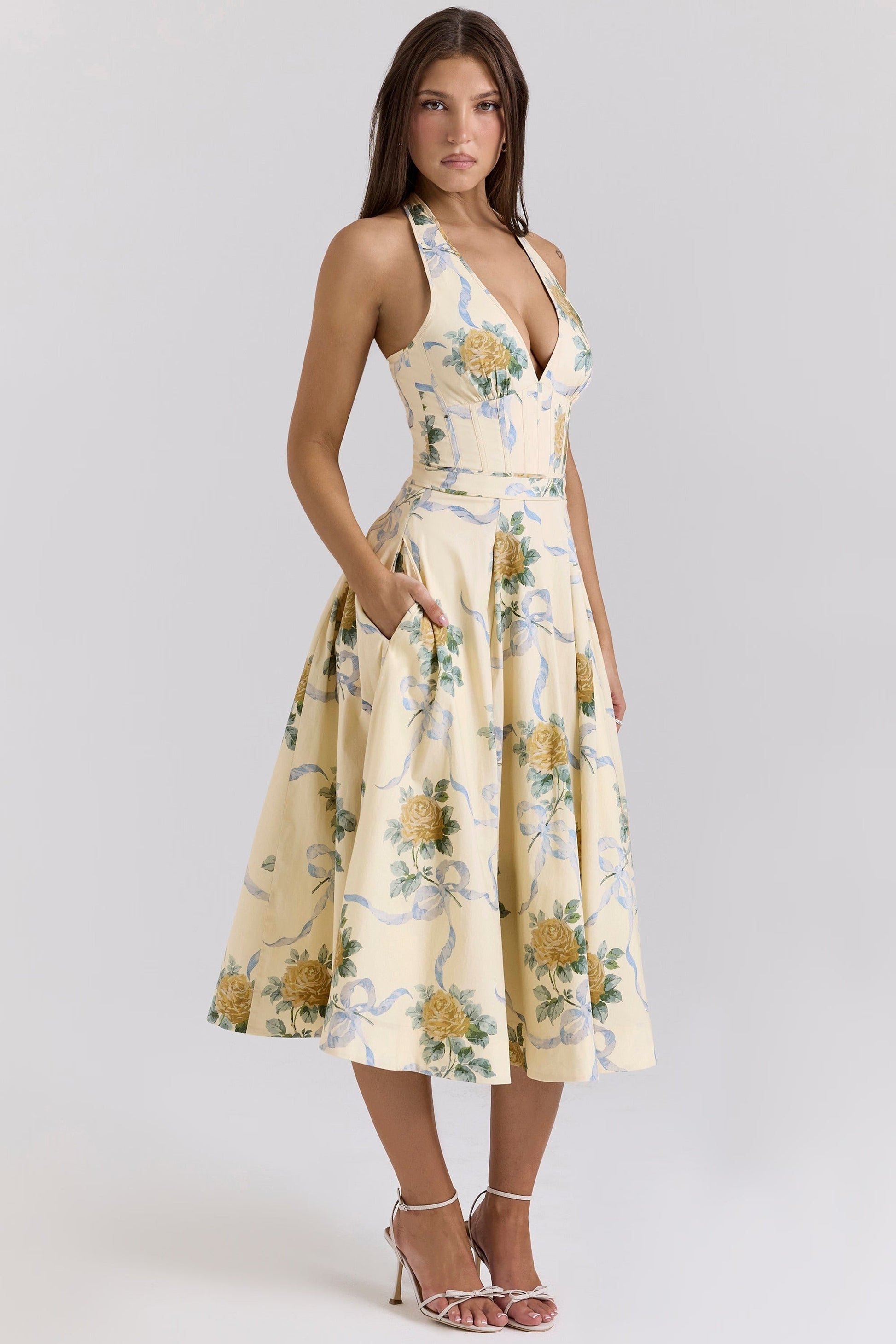 Vestido Midi Halter Sundress de Algodão Stretch Allena