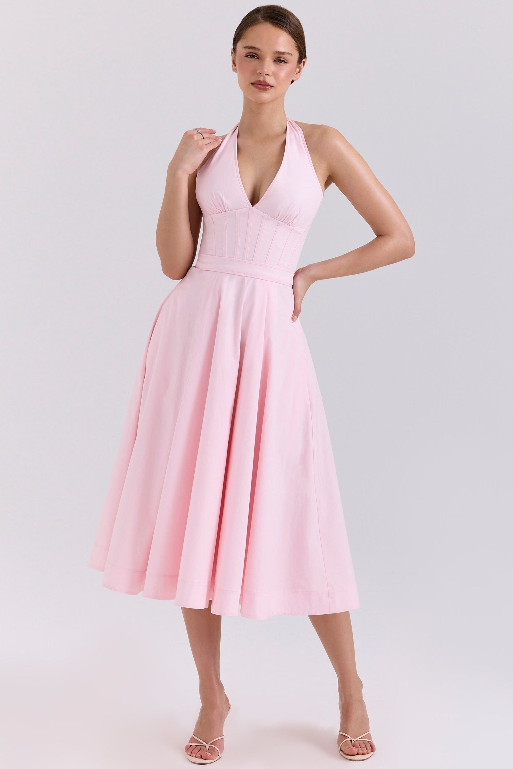 Vestido Midi Halter Sundress de Algodão Stretch Allena