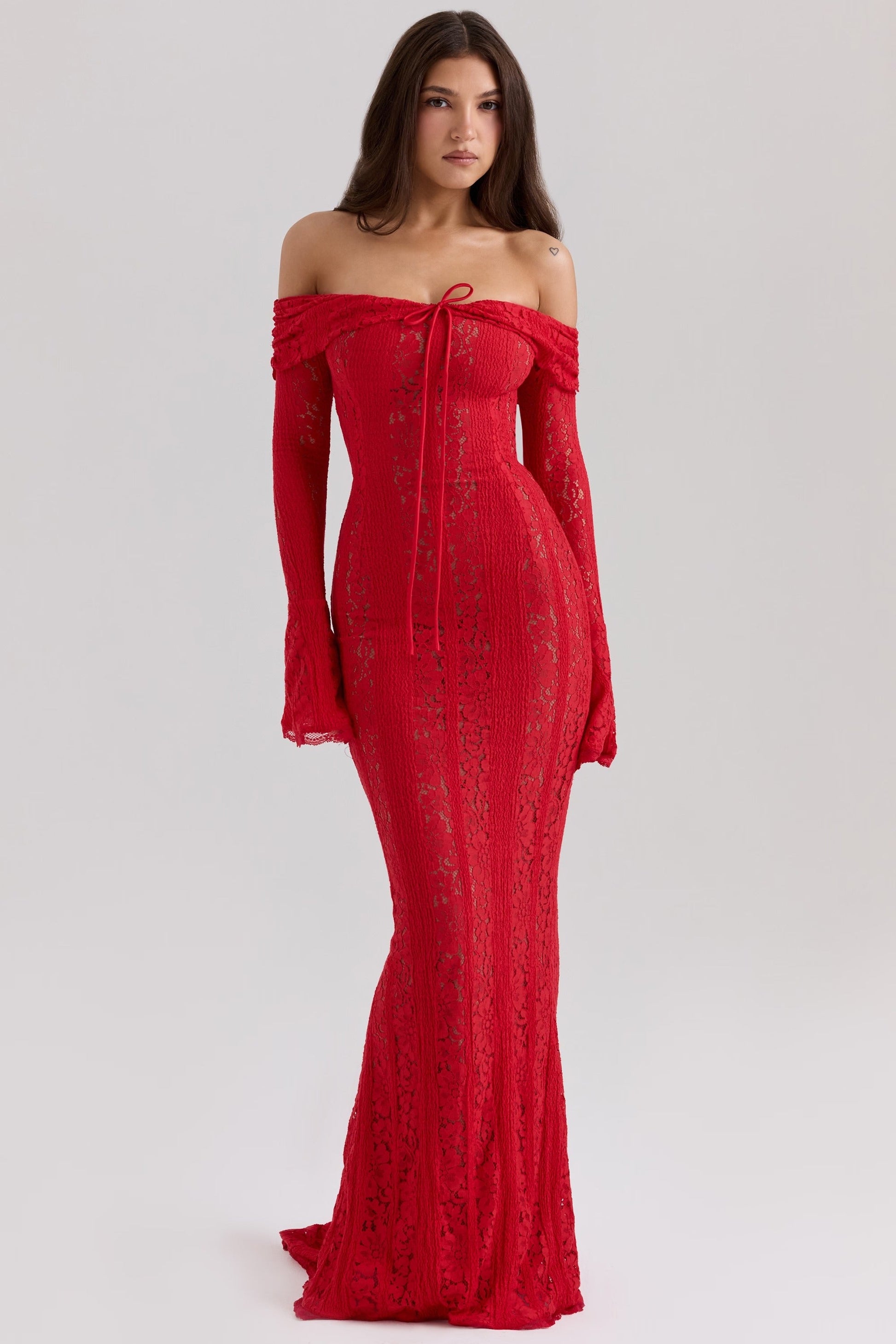 Vestido Maxi Off Shoulder Renda Floral Belle